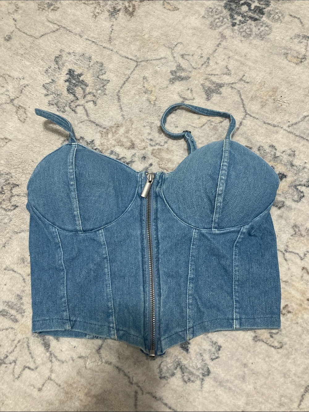 Denim Zip-Front Bustier Crop Top - Blue